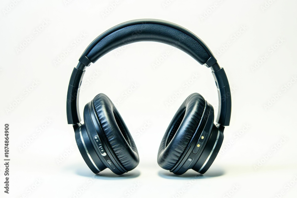Black wireless headphones on white background.