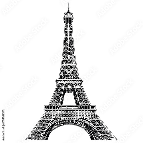 Eiffel Tower Engraving Illustration White Background Paris Landmark Classic Architecture Vintage French Monument Historical Icon Travel Romantic Destination