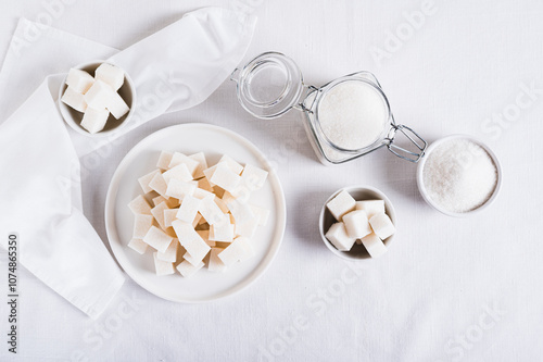 Lump sugar on a plate and granulated sugar in a bowl and jar on the table top view photo