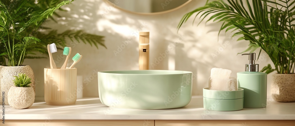 Modern bathroom with bamboo toothbrushes Modern bathroom with bamboo toothbrushes