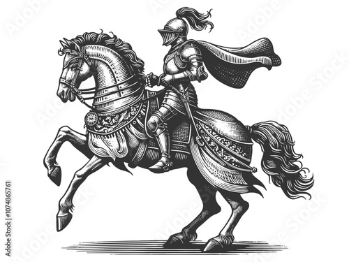 medieval knight in full armor riding a rearing horse, showcasing intricate, vintage engraving details sketch engraving generative ai vector illustration. Scratch board imitation. Black and white image