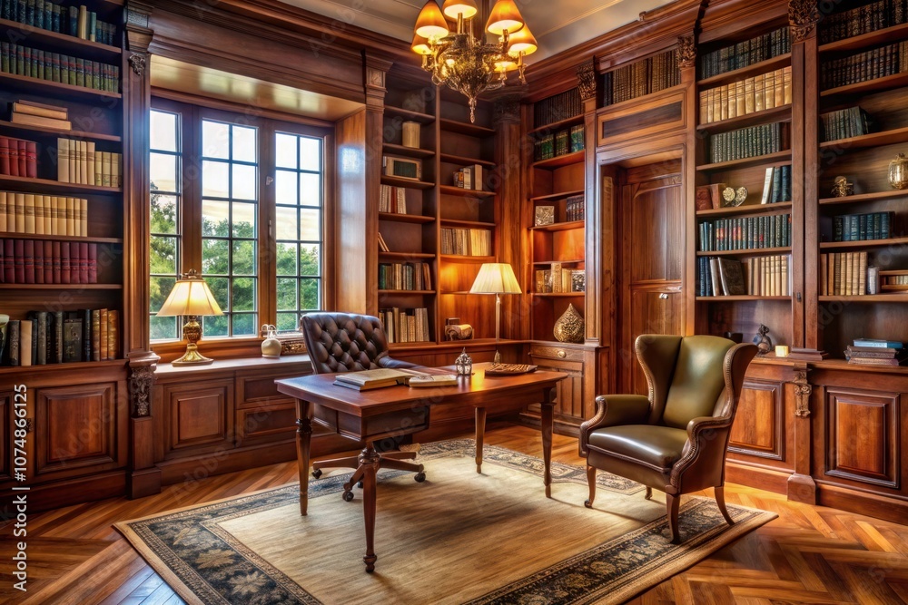 a library with a desk, bookshelf, and a chair with a lamp on it a library with a desk, bookshelf, and a chair with a lamp on it