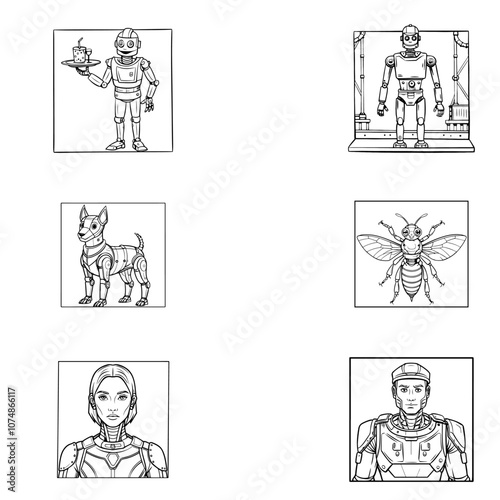 Robot dog, insect, robot waiter, robot man and woman. Set of vector sketches in line art style
