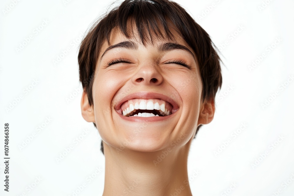 Woman with short hair, eyes closed, laughing. Woman with short hair, eyes closed, laughing.