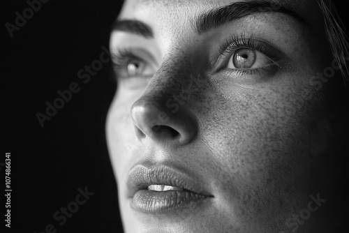 Black and white closeup portrait of a woman on dark background.