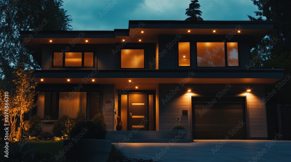 The sleek modern house features glowing alarm lights on doors and windows, creating a secure, inviting atmosphere during nighttime. Generative AI The sleek modern house features glowing alarm lights on doors and windows, creating a secure, inviting atmosphere during nighttime. Generative AI