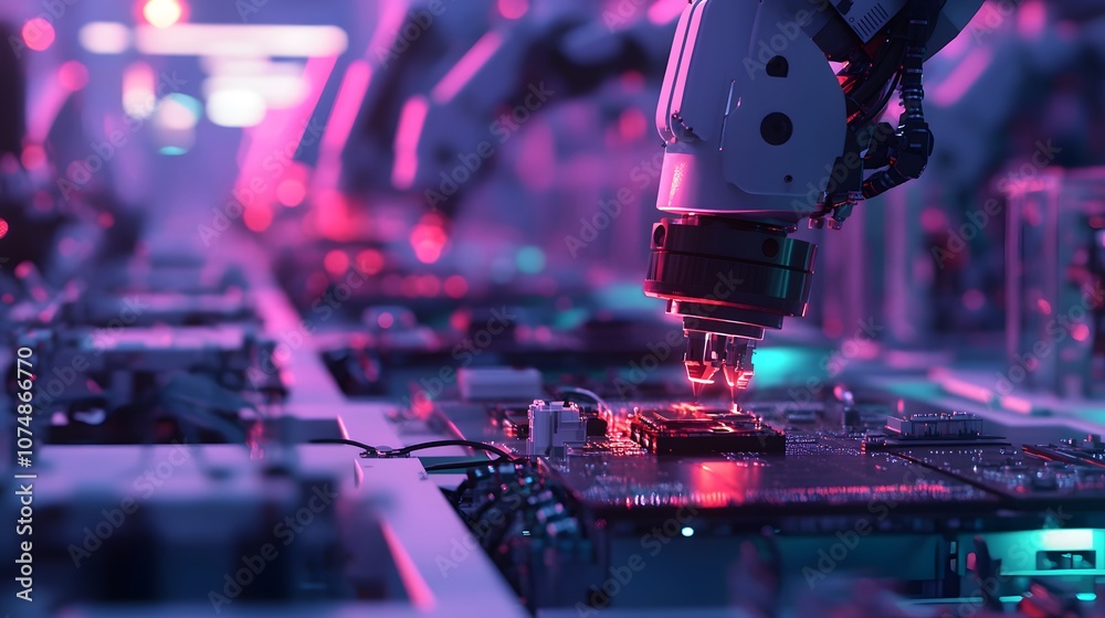 Manufacturing Automation. Advanced High Precision Robot Arms on Automated PCB Assembly Line Inside Modern Electronics Factory. Electronic Devices Production Industry. Component Installation Process.
Manufacturing Automation. Advanced High Precision Robot Arms on Automated PCB Assembly Line Inside Modern Electronics Factory. Electronic Devices Production Industry. Component Installation Process.