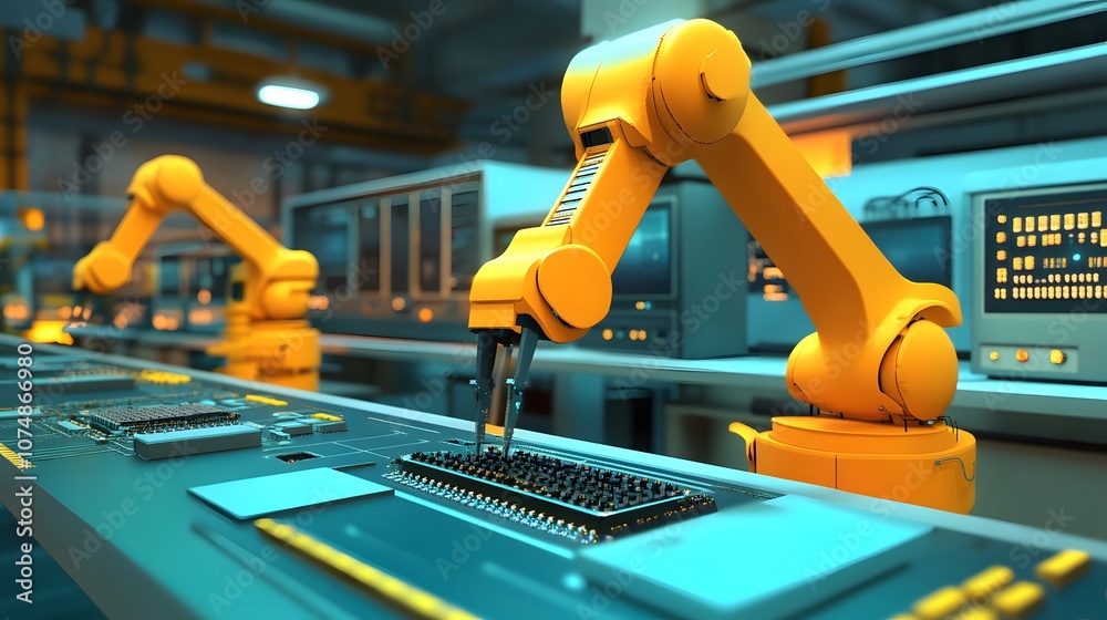 Manufacturing Automation. Advanced High Precision Robot Arms on Automated PCB Assembly Line Inside Modern Electronics Factory. Electronic Devices Production Industry. Component Installation Process.
Manufacturing Automation. Advanced High Precision Robot Arms on Automated PCB Assembly Line Inside Modern Electronics Factory. Electronic Devices Production Industry. Component Installation Process.