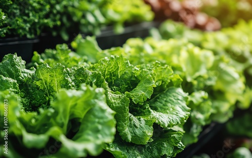 Vertical hydroponic farm featuring rows of fresh, green lettuce, environmentally friendly and spacesaving technology photo