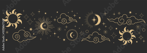 Celestial seamless border, witch spiritual decoration with asian clouds moon, sun burst and stars. line astrology pattern, minimal geometric background.