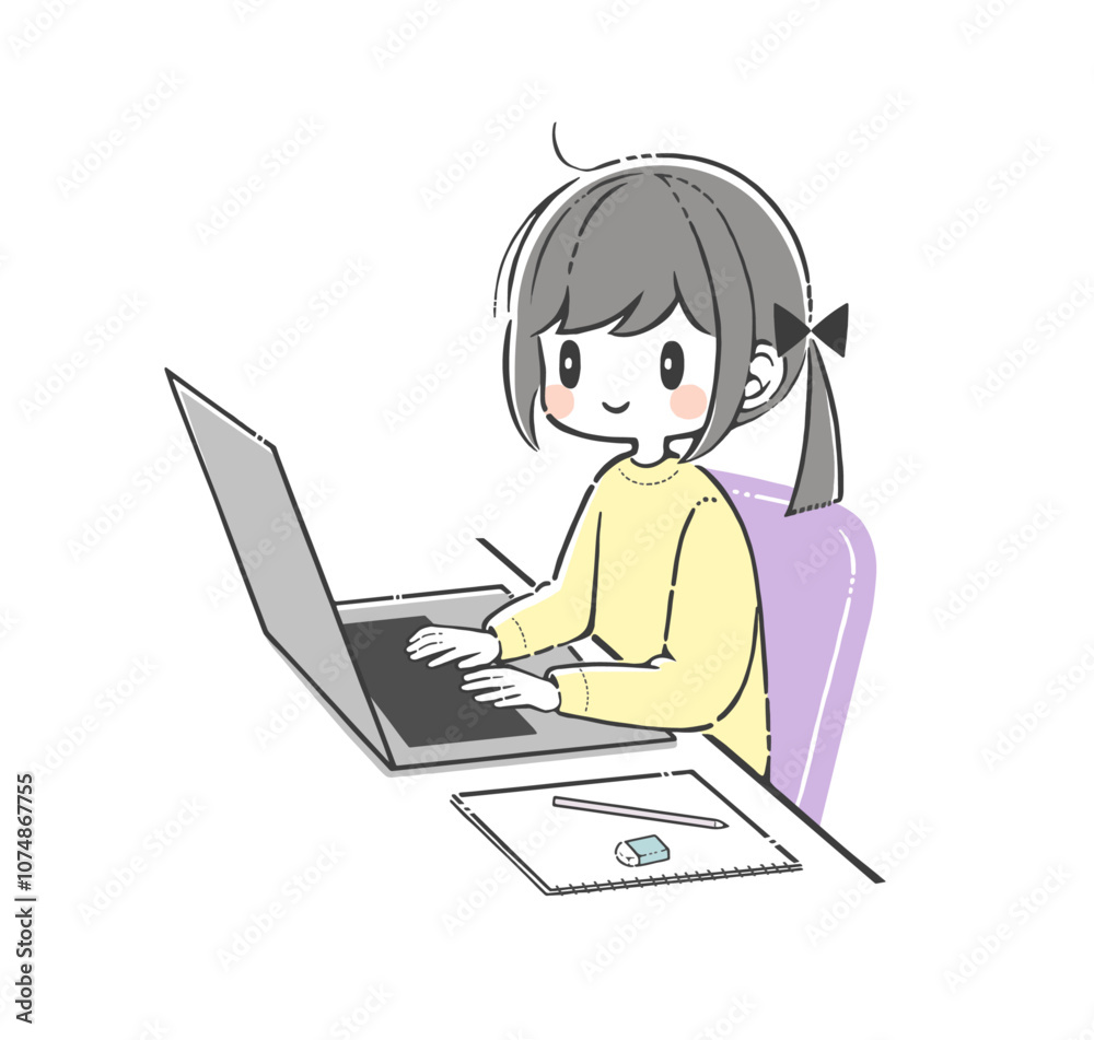 ノートパソコンを使う小学生の女の子 ノートパソコンを使う小学生の女の子