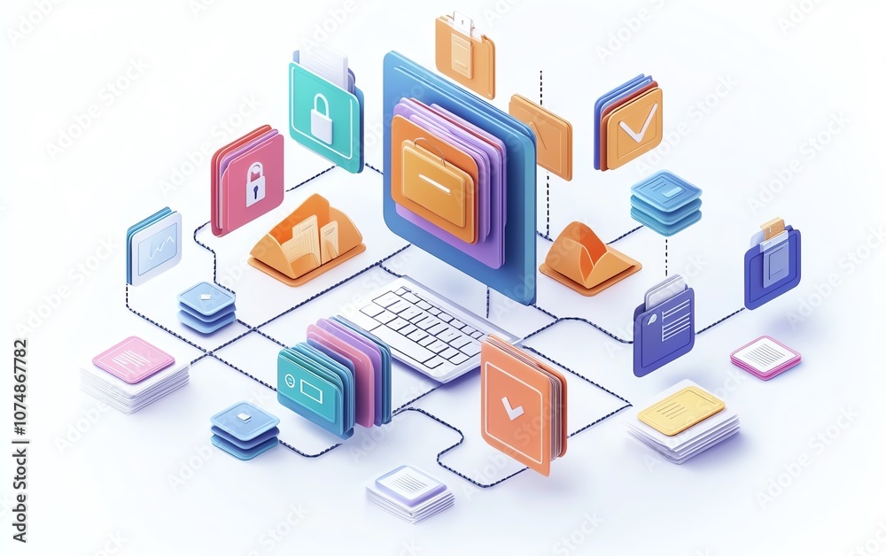 File organization concept with digital document and folder icons linked on white background, visualizing efficient data management system File organization concept with digital document and folder icons linked on white background, visualizing efficient data management system