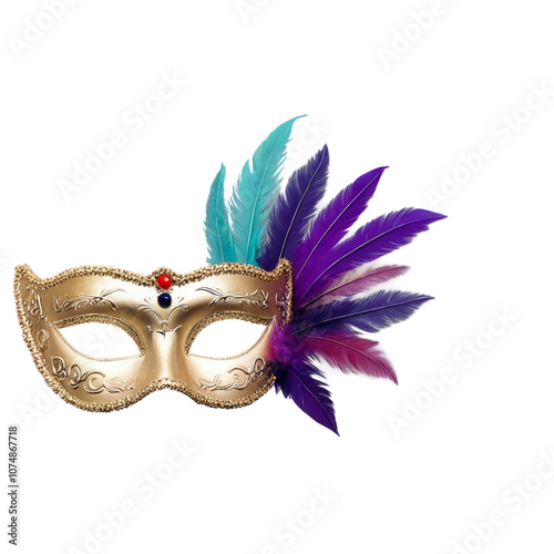 Elegant golden masquerade mask adorned with colorful feathers and embellishments