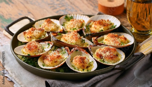 Baked clams topped with breadcrumbs and a sprinkle of paprika are served on a wooden platter with a lemon wedge. photo