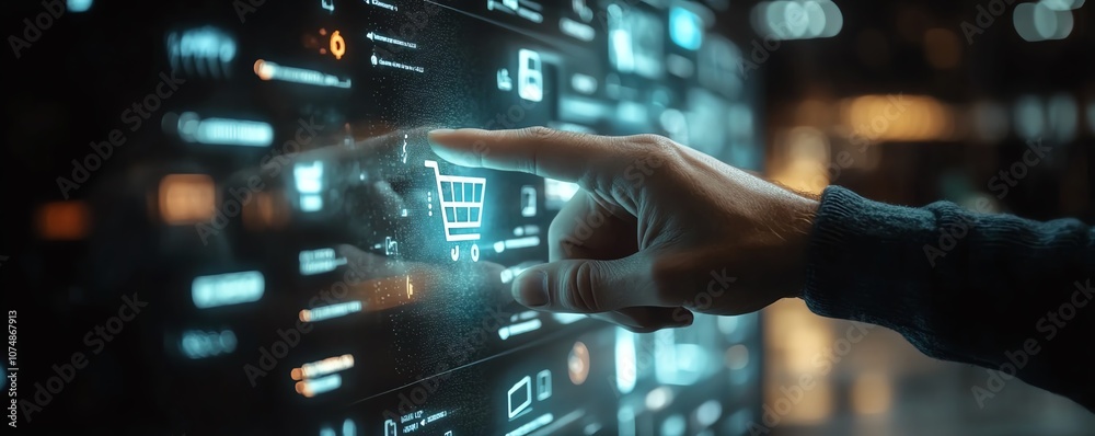 Futuristic ecommerce concept with a man s finger touching a hologram displaying shopping cart and digital retail icons Futuristic ecommerce concept with a man s finger touching a hologram displaying shopping cart and digital retail icons