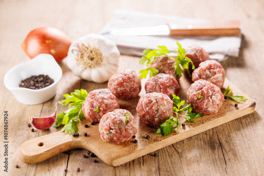raw meatballs on wooden board with herbs raw meatballs on wooden board with herbs