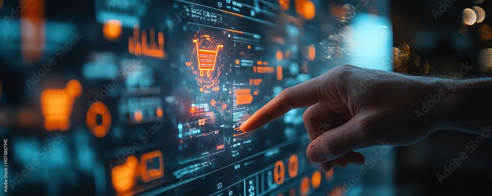 Futuristic ecommerce concept with a man s finger touching a hologram displaying shopping cart and digital retail icons Futuristic ecommerce concept with a man s finger touching a hologram displaying shopping cart and digital retail icons