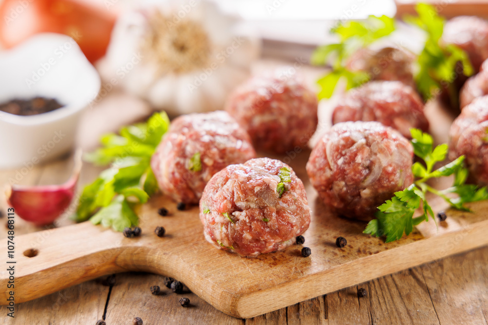 raw meatballs on wooden board with herbs raw meatballs on wooden board with herbs