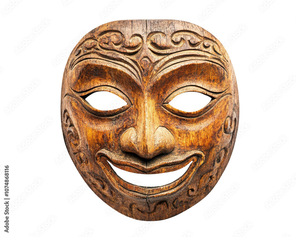 A Carved wooden mask used in Javanese theater beautifully carved wooden mask with intricate designs, displayed against a white isolate background. A Carved wooden mask used in Javanese theater beautifully carved wooden mask with intricate designs, displayed against a white isolate background.