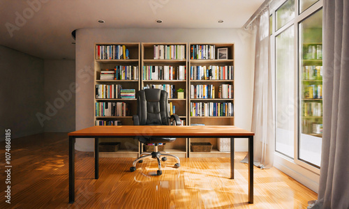 3d render of study room, office or library background with book shelf
