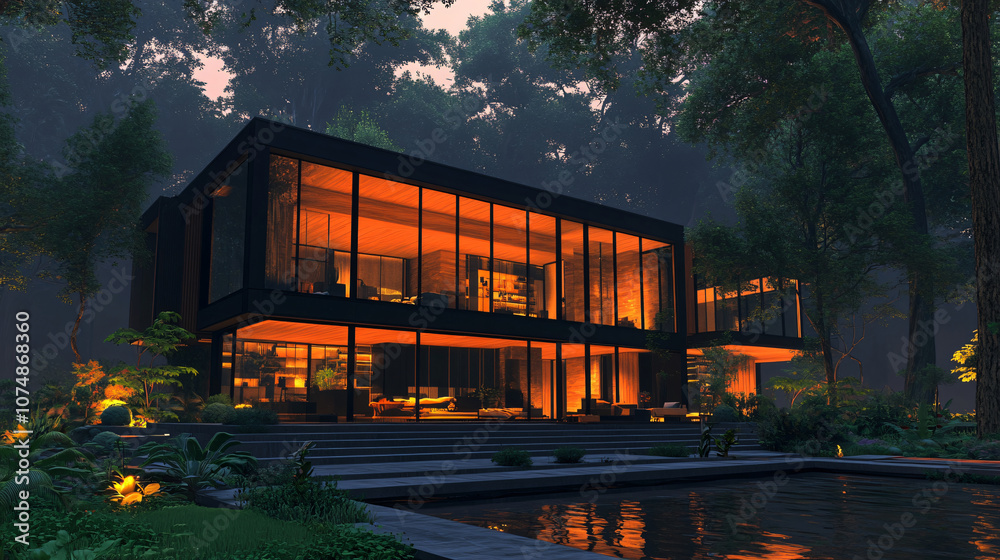 Obraz premium A modern house with large glass windows and warm lights, surrounded by trees, reflects a cozy atmosphere during twilight for architecture.