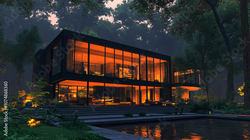 A modern house with large glass windows and warm lights, surrounded by trees, reflects a cozy atmosphere during twilight for architecture.