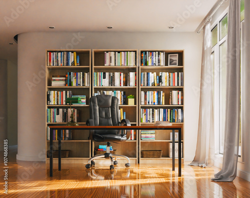 3d render of study room, office or library background with book shelf