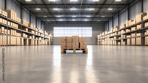 A spacious warehouse filled with tall shelves; in the center, a pallet packed with boxes is neatly organized, ideal for a wholesale theme with room for text.