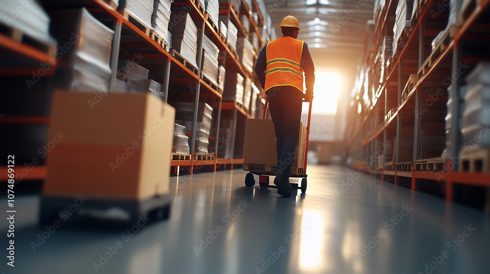 Obraz premium In a bright and organized warehouse, a loader transports a packed pallet on a hand trolley, wearing a reflective vest, surrounded by stacked shelves and open space for text.