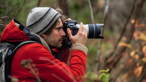 a man explorer with a camera and backpack capturing the beauty of the forest during his adventure, traveling through nature as a tourist and photographer, embracing the thrill of exploration