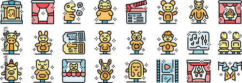 Colorful puppet show icons depicting animal puppets, stage setups, clapperboard, tickets, and other related elements