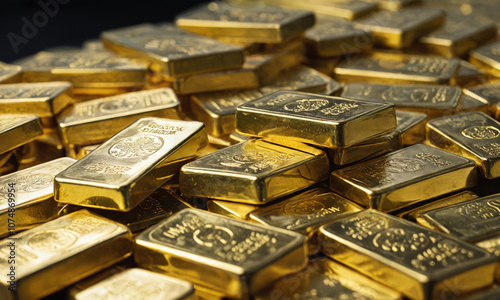 A pile of gold bars, a common sight in a bank vault or a gold refinery photo