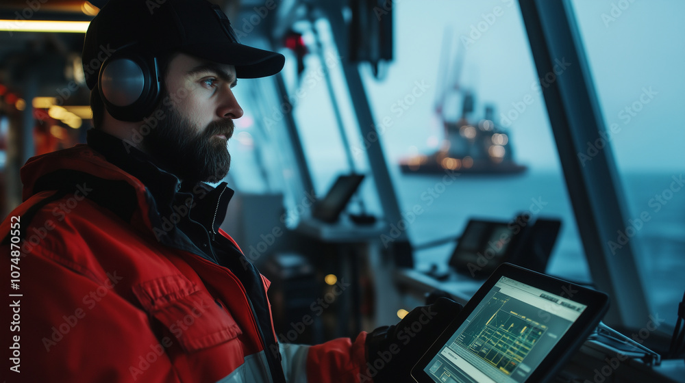 A tablet displays oil rig operational data held by an operator in a control room with windows overlooking the rig, underscoring digital monitoring in action. A tablet displays oil rig operational data held by an operator in a control room with windows overlooking the rig, underscoring digital monitoring in action.