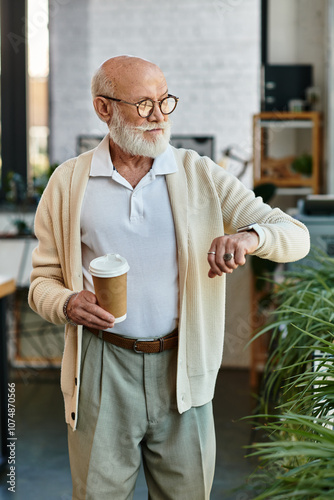 A distinguished senior manager monitors the time while sipping coffee in a stylish, contemporary workspace. photo