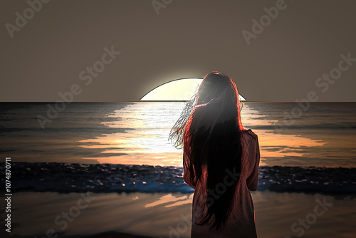 水平線に沈む太陽と後ろ姿の女性