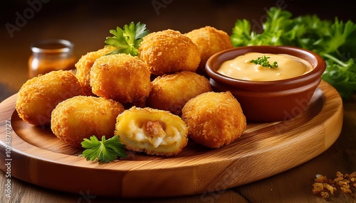 Crispy golden brown potato croquettes filled with minced meat and vegetables served on a wooden plate with a small cup of dipping sauce.