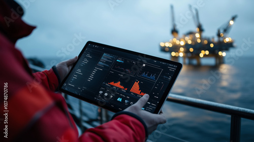 A tablet shows a complex dashboard of rig metrics and safety alerts, held by an operator managing the site remotely, with a large offshore rig visible in the distance. photo