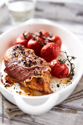 Baked chicken breasts with ham, cherry tomatoes. Close up.