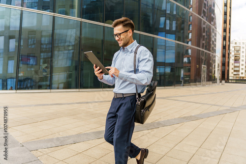 A Business Professional Walks Engaged With a Tablet Outside a Modern Glass Building in the City photo