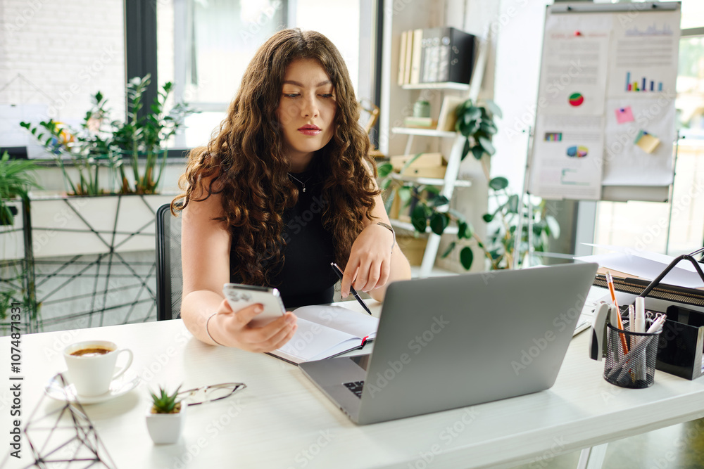 A confident young professional engages with her smartphone while reviewing notes at her modern office desk. A confident young professional engages with her smartphone while reviewing notes at her modern office desk.