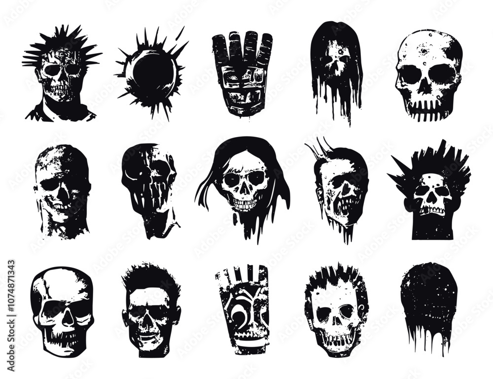 Fototapeta premium Grunge Punk Linocut Vector Illustrations On White Edgy Designs Alternative Art Styles Bold Graphic Elements Unique Tattoo Inspirations Aesthetic Distressed Textures Creative