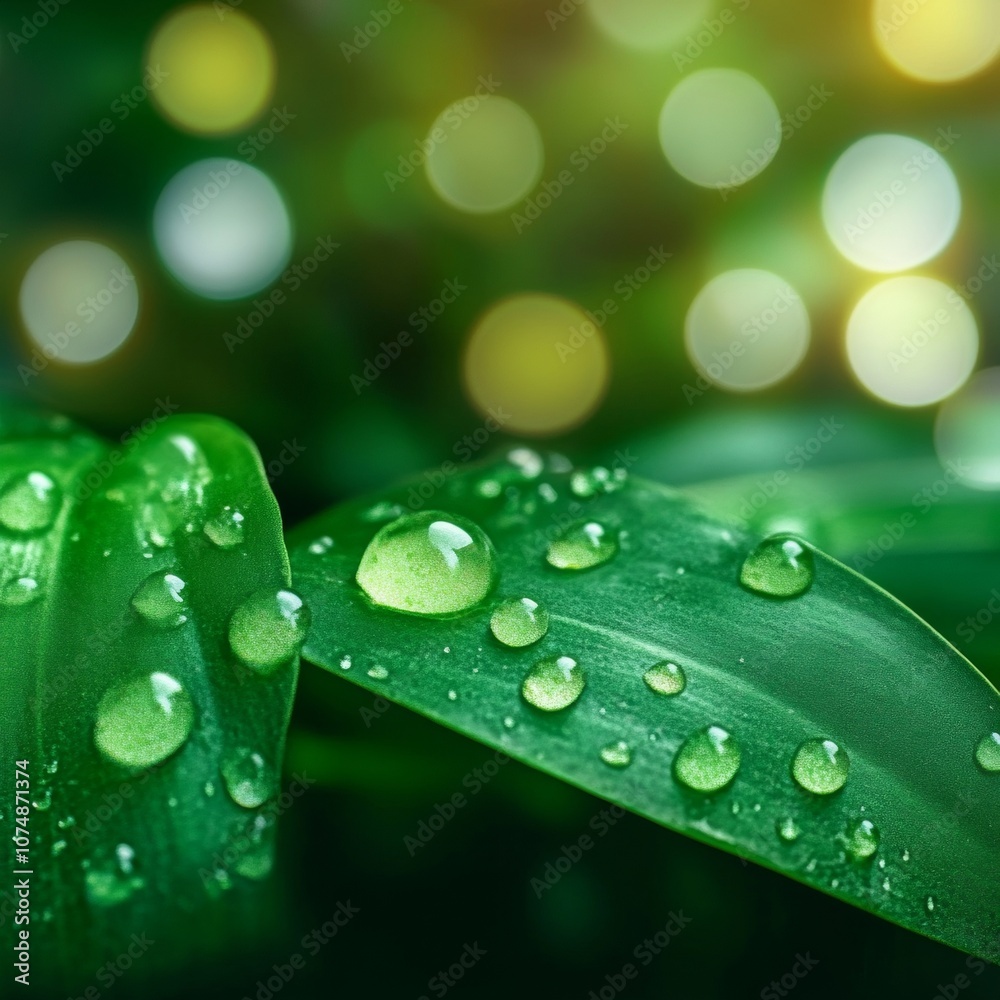 Fresh Green Leaves with Sparkling Water Drops. Close-Up, Nature Background, Macro Photography Fresh Green Leaves with Sparkling Water Drops. Close-Up, Nature Background, Macro Photography