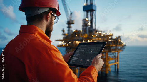 An operator monitors drilling operations from a distance using a tablet interface, with a comprehensive dashboard visible, and the rig towering against a clear blue sky. photo