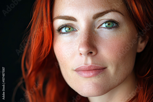 Portrait of a beautiful red haired woman with green hazel eyes on black background.