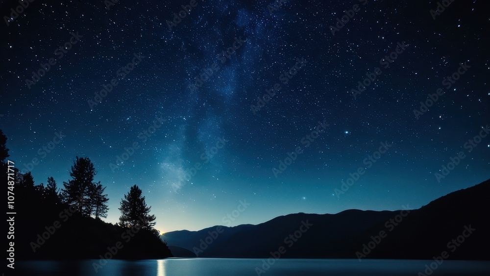 Naklejka premium Stunning night sky panorama with sparkling stars, a tranquil lake, and distant mountains. Perfect for nature lovers and astronomy enthusiasts