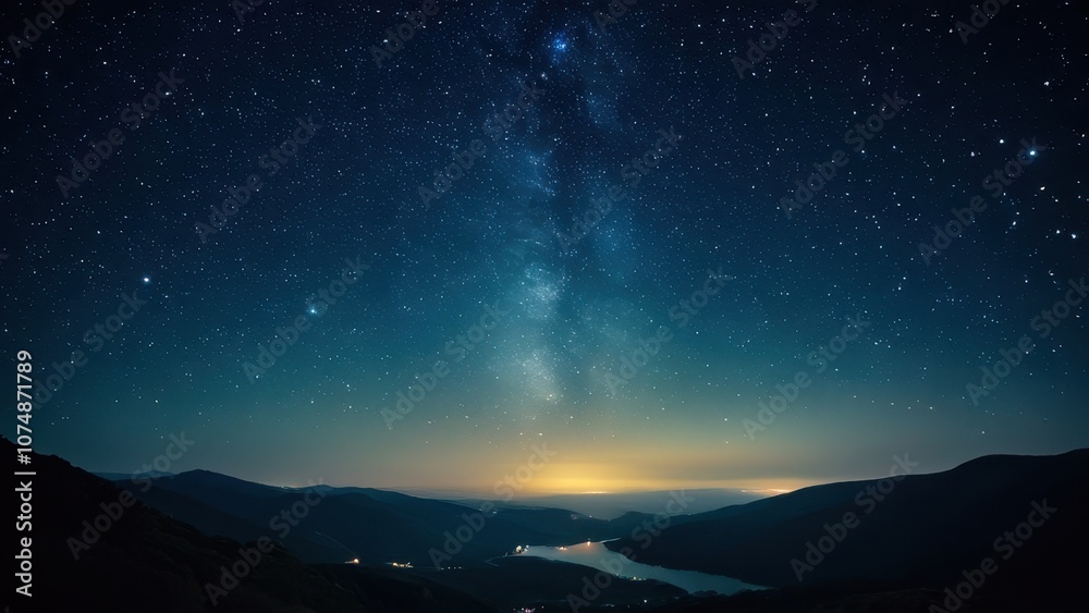 Fototapeta premium Stunning night sky panorama with sparkling stars, a tranquil lake, and distant mountains. Perfect for nature lovers and astronomy enthusiasts