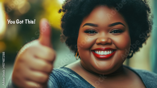 Confident plus size woman giving a thumbs up with a big smile for encouragement and motivation photo