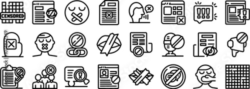 Censorship icons set. Various icons representing censorship, including restricted speech, blocked information, and suppression of dissent