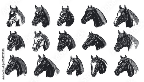 Horse Head Hand-Drawn Linocut Grunge Texture Vector Set on White Background with Distressed Design Equine Art Vintage Graphics Stallion Collection Animal Portrait Icons Wildlife