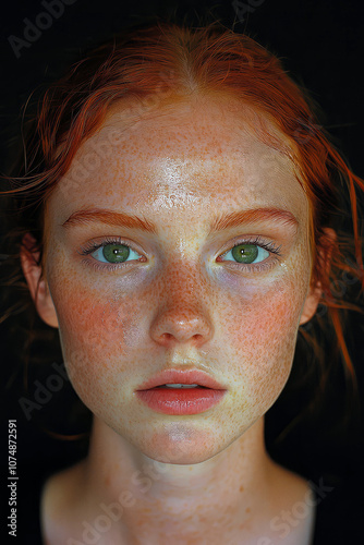 Portrait of a beautiful red haired woman with green hazel eyes on black background.